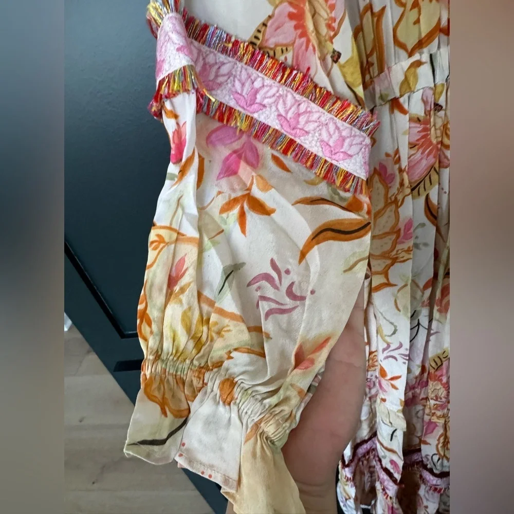 NWT TAJ by Sabrina Crippa Antiope Tassel Trim Midi Dress in Poppy ~ Size Small